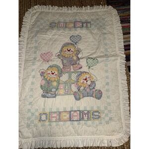 Sweet Dreams Baby Quilt Cross Stitch Throw Blanket Clowns Balloons vintage